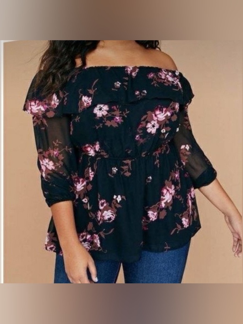 Lane Bryant Black Floral Off The Shoulder Shirt Size 26